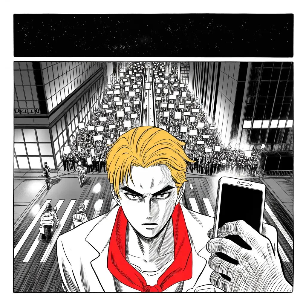 Manga panel 2 of 5, Week 74 “The Morning After”: Night protests flood the streets between the glass towers while Donarudo answers them from his glowing phone.