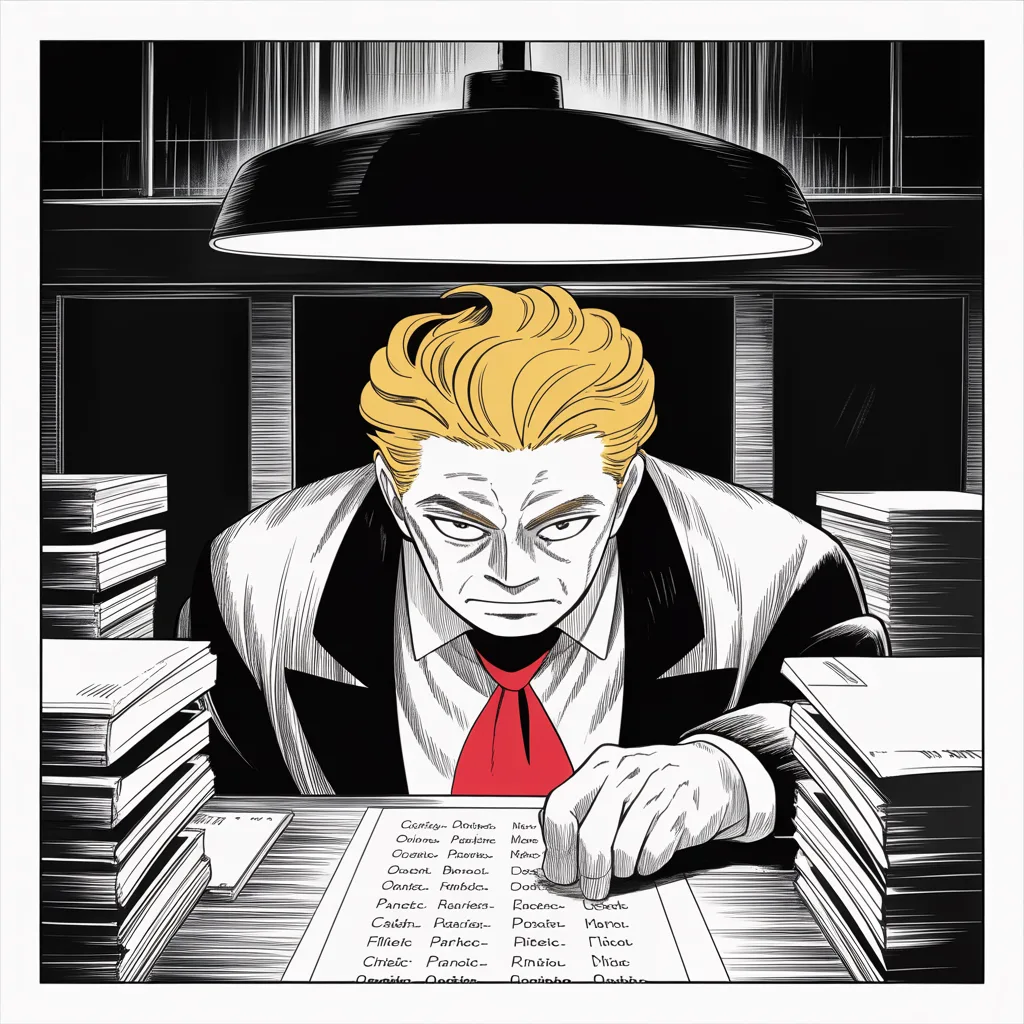 Manga panel 2 of 5, Week 75 “The Tower Court”: Alone at his desk by lamplight, Donarudo studies a handwritten list of cabinet finalists that only he has seen.
