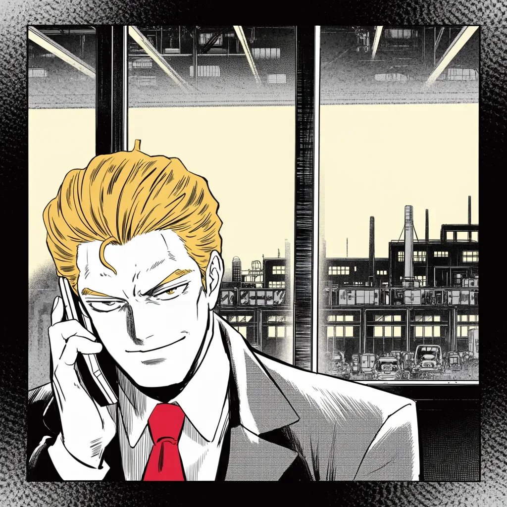 Manga panel 3 of 5, Week 75 “The Tower Court”: Phone to his ear, Donarudo hears a car company chairman promise that the Kentucky plant will stay in America.