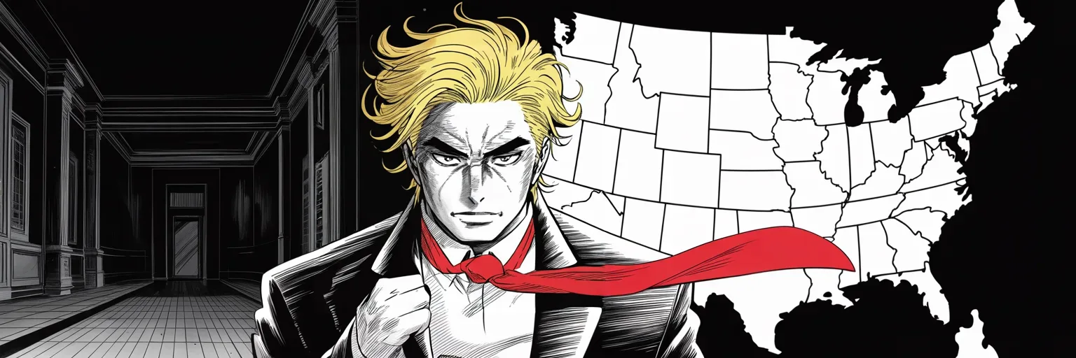 Manga panel 5 of 5, Week 76 “The Feast and the Recount”: Before a glowing map of his electoral landslide, Donarudo claims that phantom millions denied him the popular vote as well.
