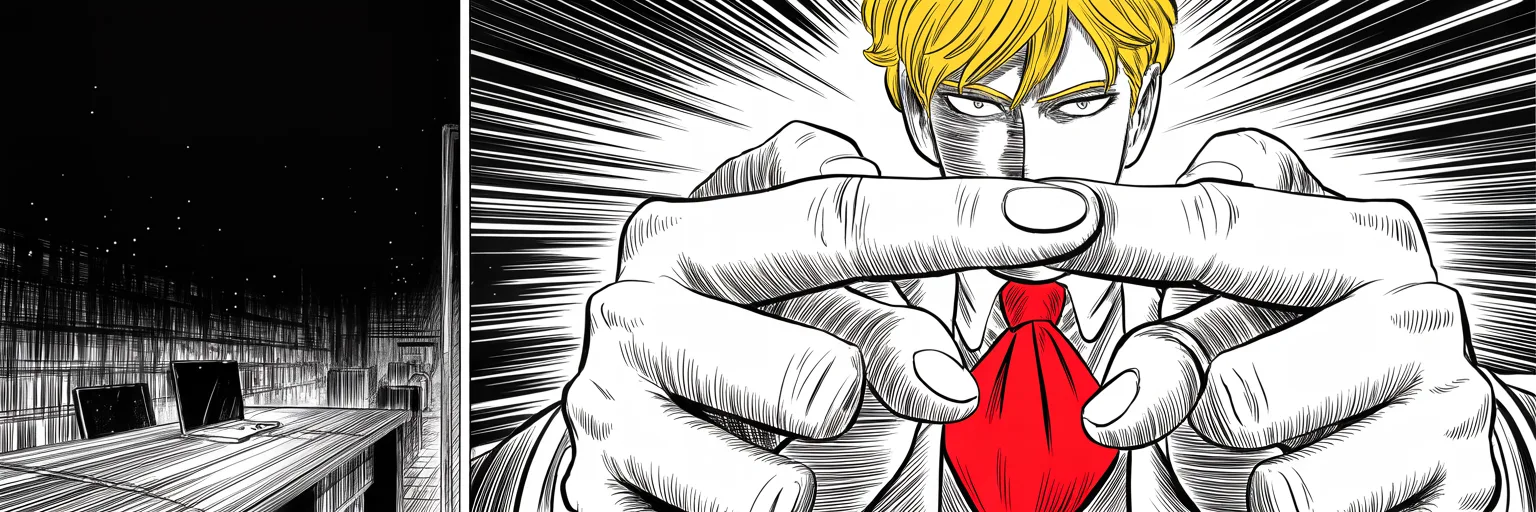 Manga panel 5 of 5, Week 77 “Consequences”: Thumbs hover over the glowing phone as Donarudo explains why he will never stop: the press leaves him no choice.