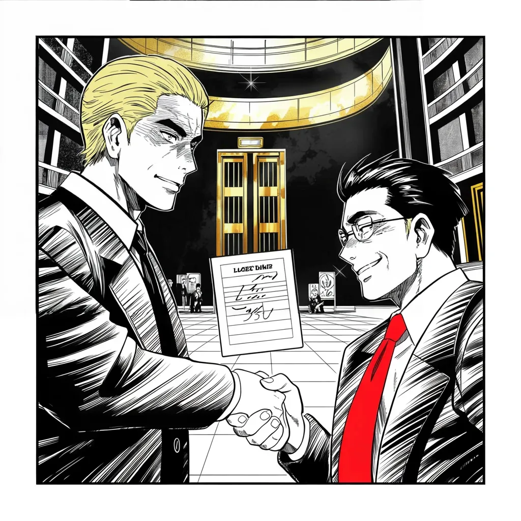 Manga panel 2 of 5, Week 78 “Cancel the Order”: In the gold lobby Donarudo clasps hands with a visiting magnate pledging fifty billion dollars and fifty thousand jobs.