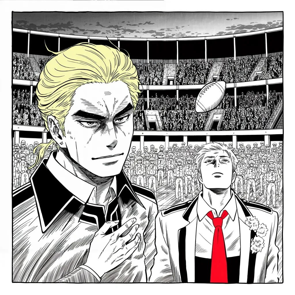 Manga panel 3 of 5, Week 78 “Cancel the Order”: From a draped box Donarudo watches the cadets fill a floodlit stadium for the Army-Navy game, hand over heart.
