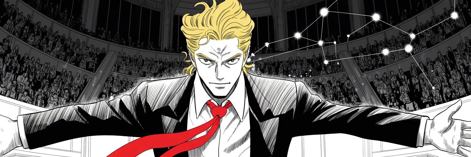 Manga panel 5 of 5, Week 79 “The Electors Speak”: Arms spread beneath a constellation of three hundred and four elector lights, Donarudo celebrates the vote made official.
