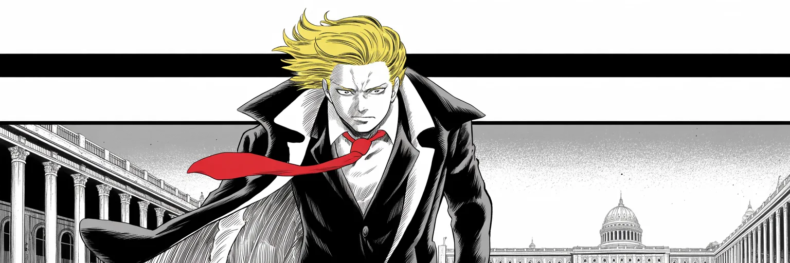 Manga panel 5 of 5, Week 81 “To My Many Enemies”: Coat billowing in the dawn wind, Donarudo strides down a colonnade toward the distant capitol dome as the new year opens.
