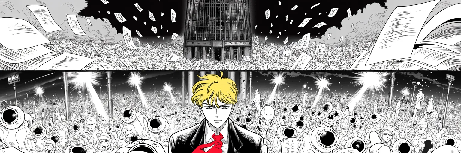 Manga panel 1 of 5, Week 83 “The Eve”: Typed pages swirl like black snow around the tower as an unverified dossier breaks and Donarudo roars back in capitals.
