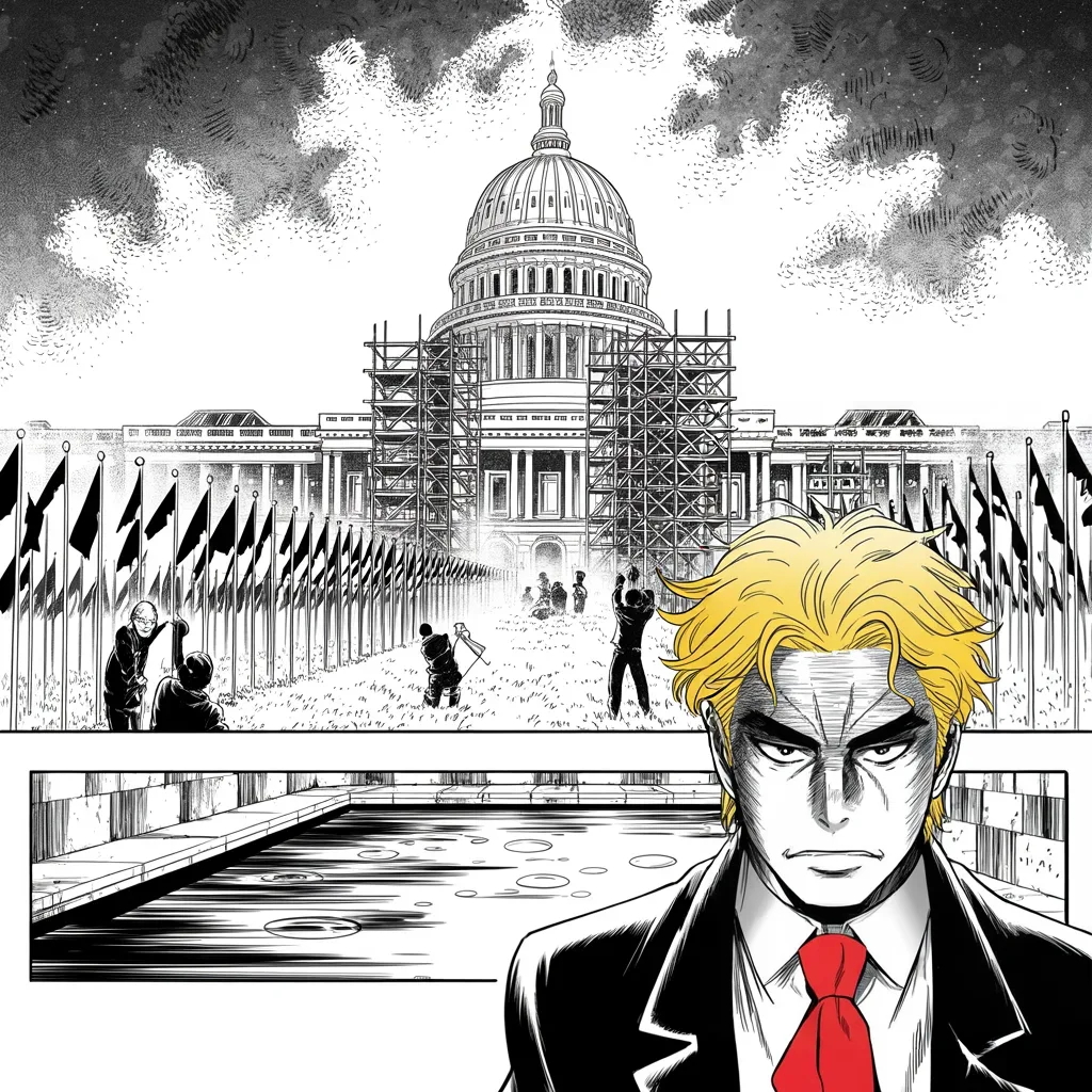 Manga panel 4 of 5, Week 83 “The Eve”: Grandstands and bunting rise on the capitol's west front as Donarudo promises an inauguration bigger than expected.