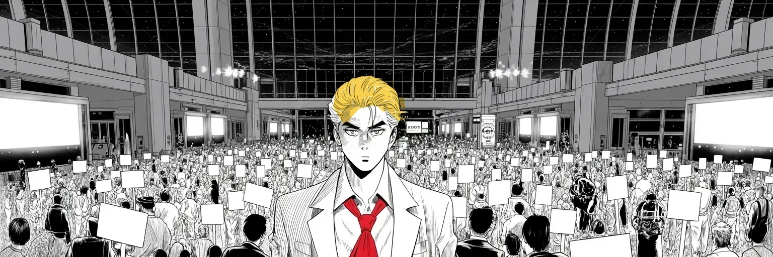Manga panel 4 of 4, Week 85 “The Pen”: By Saturday night the airport terminals are full — crowds and lawyers at the gates as the travel ban takes hold and Donarudo demands extreme vetting.