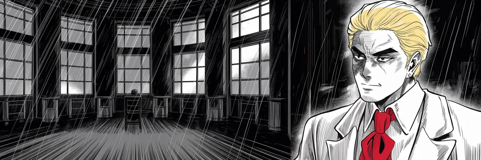 Manga panel 5 of 5, Week 86 “The So-Called Judge”: Alone at the rain-streaked Oval Office windows Donarudo broods in the dark as the courts leave his travel ban suspended.