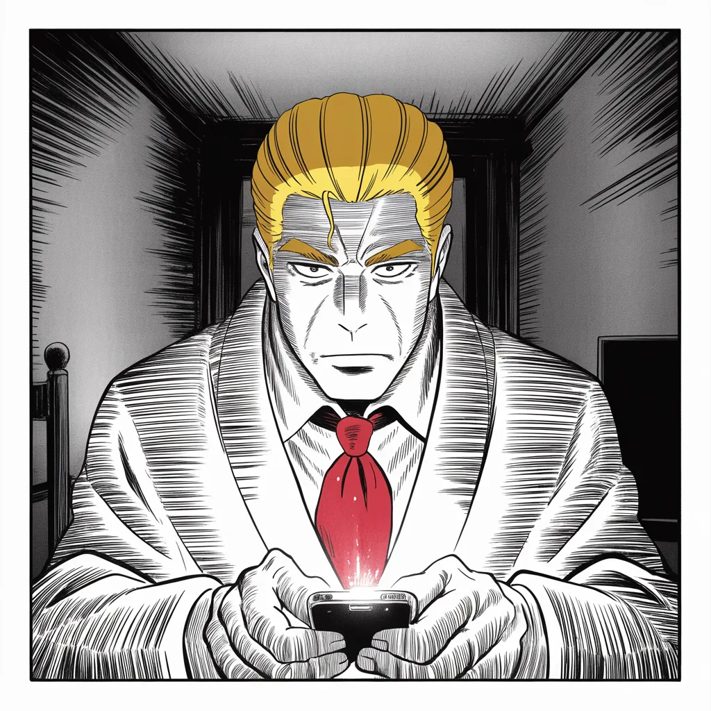 Manga panel 3 of 5, Week 90 “The Wires”: At dawn Donarudo grips the glowing phone with both thumbs and fires the accusation that will name the chapter: his wires were tapped.