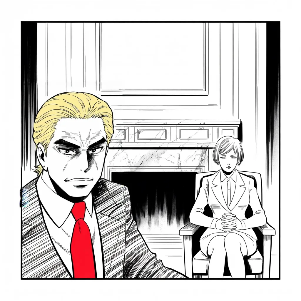Manga panel 2 of 5, Week 92 “Vast Sums”: Donarudo and the matronly stateswoman of the old continent sit side by side before a cold fireplace, hands folded, eyes forward, no handshake.