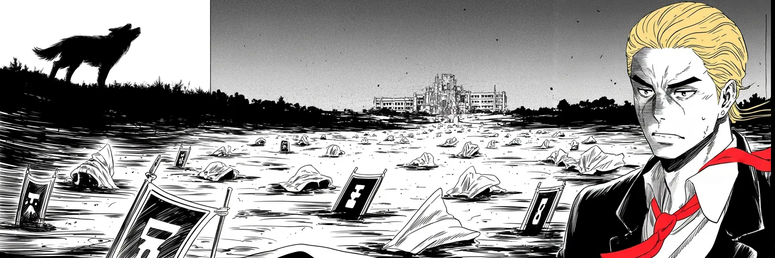 Manga panel 4 of 4, Week 93 “The Jaws of Victory”: Banners lie in the mud after the retreat while a lone wolf on the ridge howls at the citadel that did not fall.