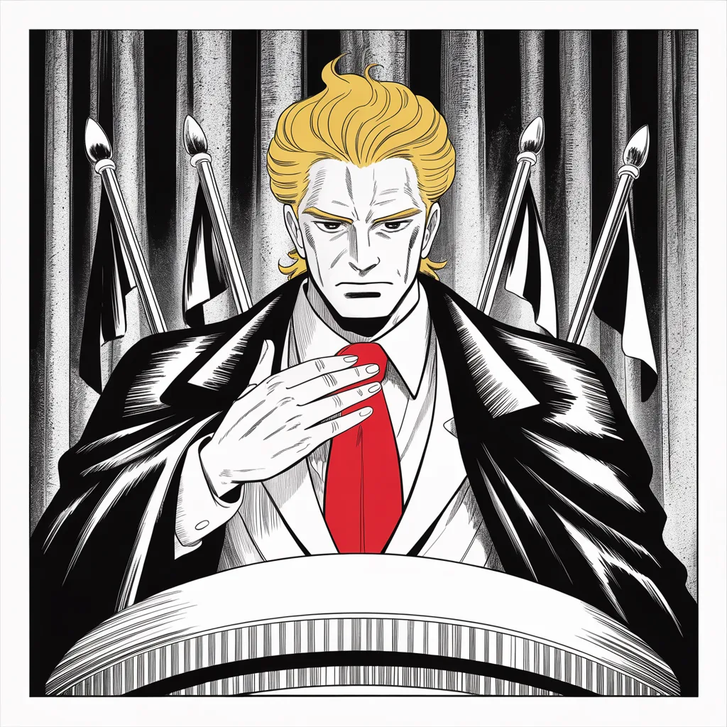 Manga panel 3 of 5, Week 95 “Fifty-Nine Arrows”: Hand over heart at the podium, Donarudo salutes the warriors who carried out the strike across the sea.