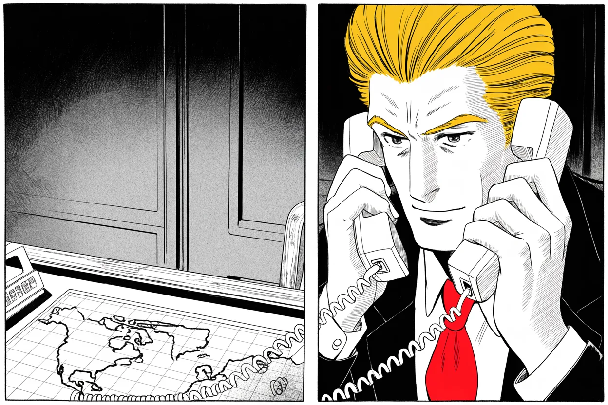 Manga panel 2 of 4, Week 98 “Day One Hundred”: A telephone at each ear, the northern and southern neighbors on the lines, Donarudo spares the trade pact he was hours from tearing up.